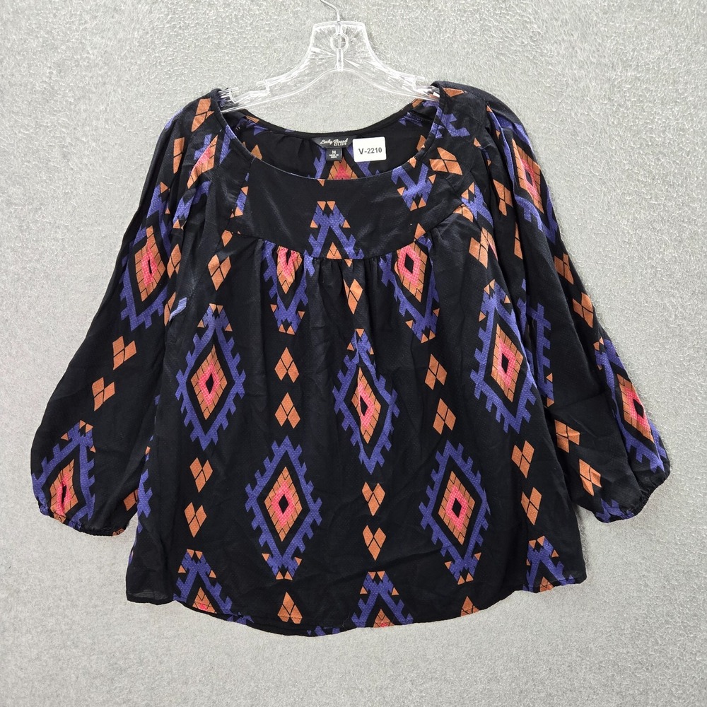 Lucky Brand Women Top Medium Black Aztec Blouse Puff Sleeve